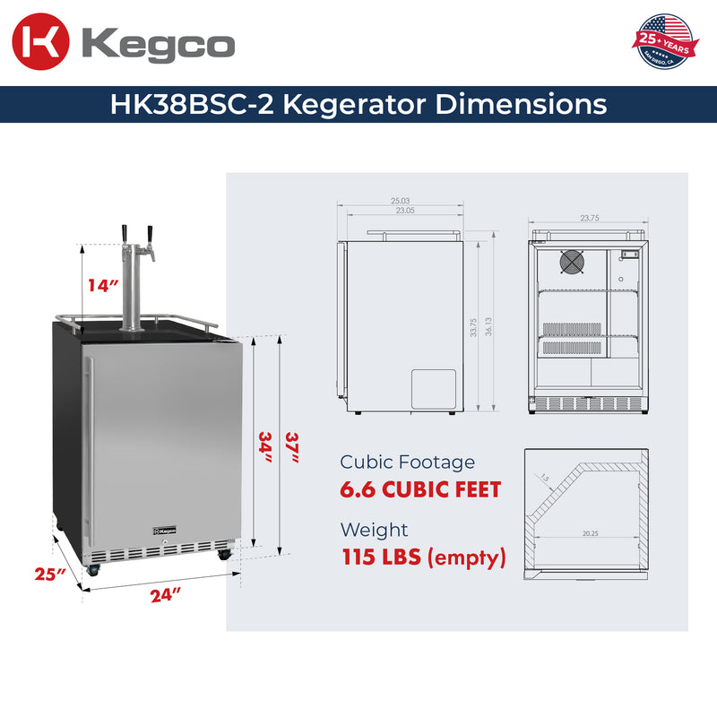 Kegco 24" Wide Dual Tap Stainless Steel Commercial Right Hinge Built-In Kegerator with Kit