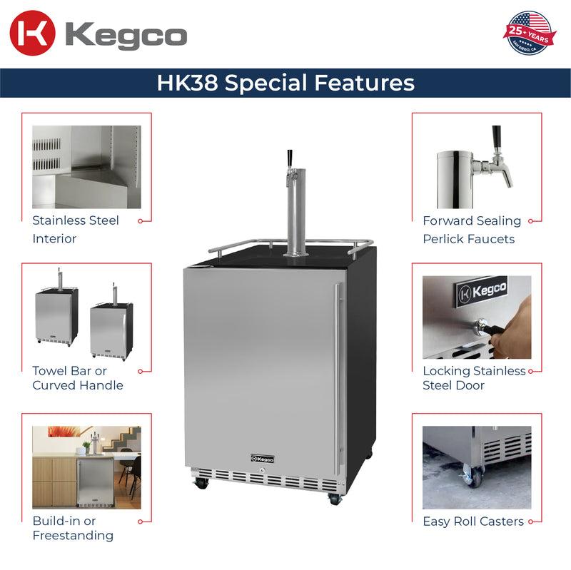 Kegco 24" Wide Single Tap Stainless Steel Commercial Built-In Left Hinge Kegerator with Kit