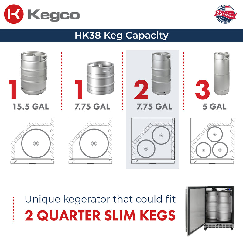Kegco 24" Wide Dual Tap Stainless Steel Commercial Built-In Left Hinge Kegerator with Kit