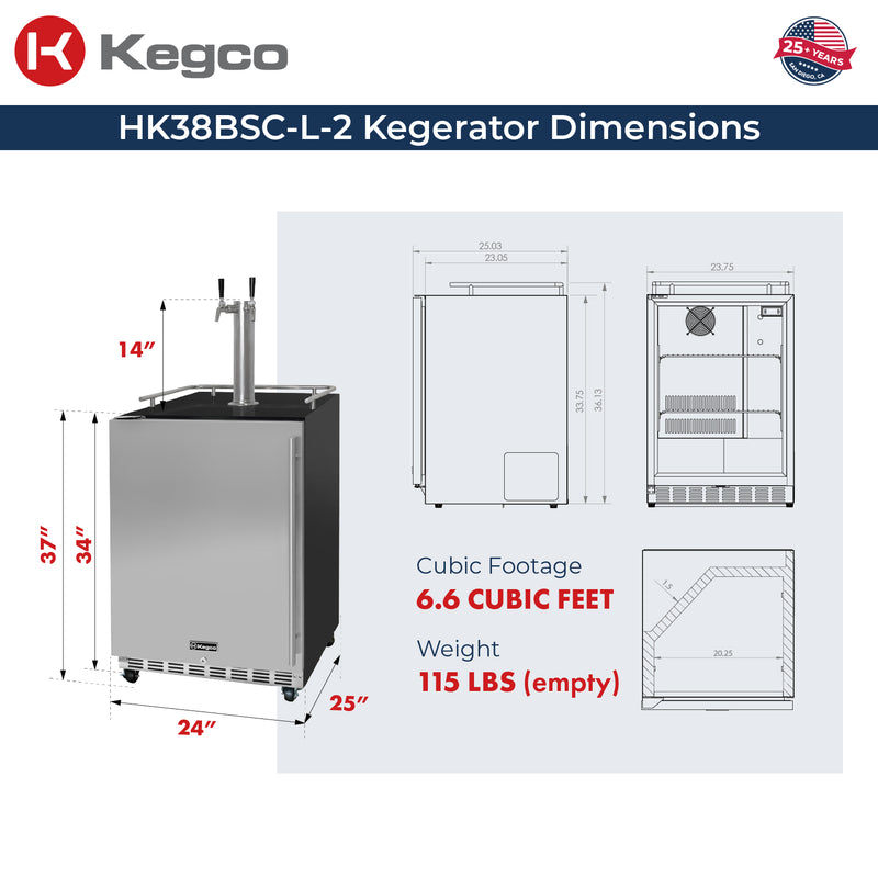Kegco 24" Wide Dual Tap Stainless Steel Commercial Built-In Left Hinge Kegerator with Kit