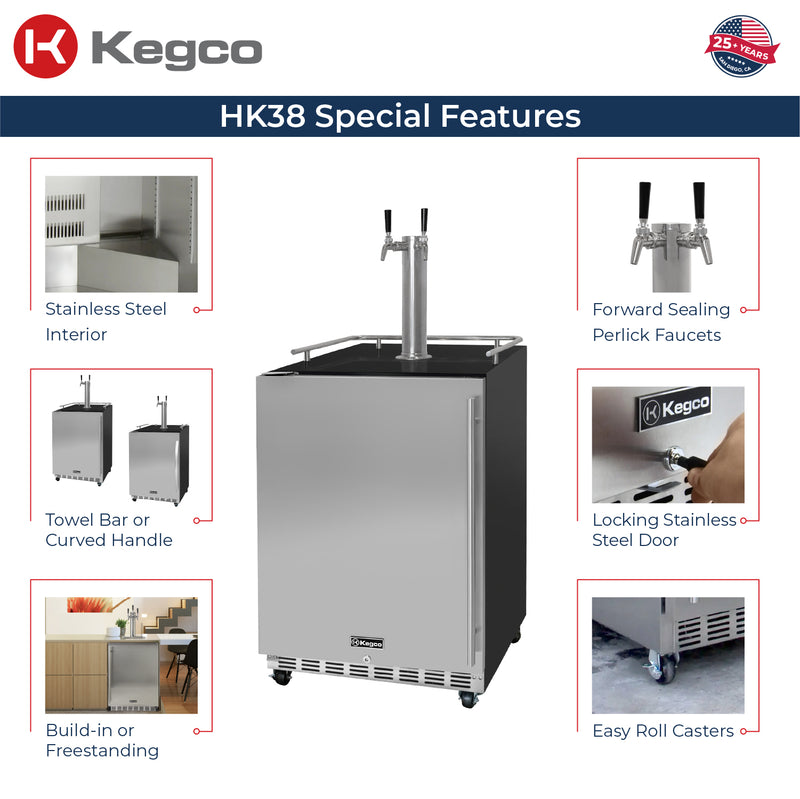Kegco 24" Wide Dual Tap Stainless Steel Commercial Built-In Left Hinge Kegerator with Kit