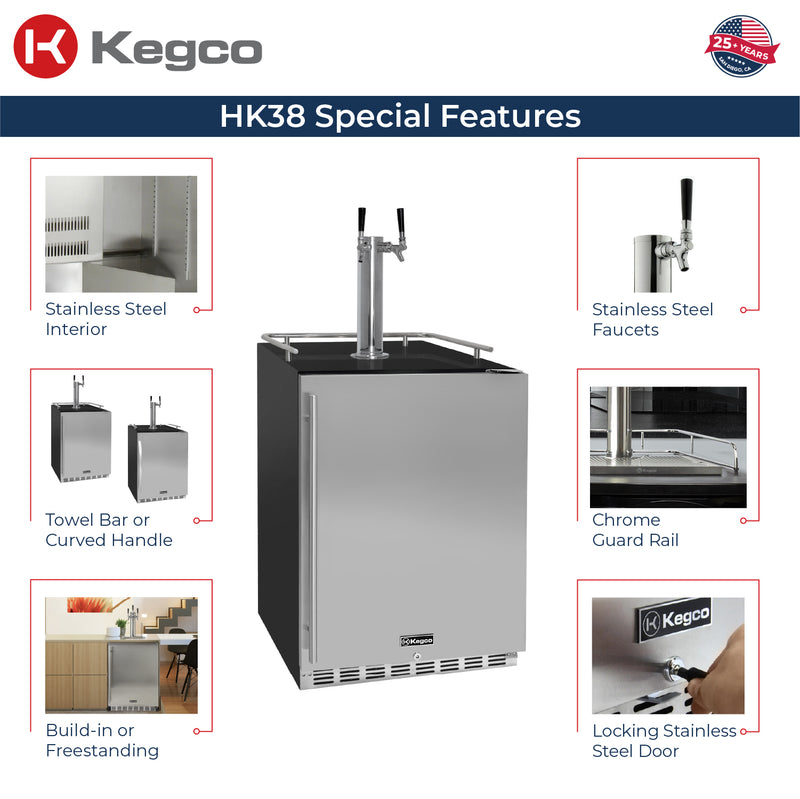 Kegco 24" Wide Dual Tap Stainless Steel Built-In Right Hinge Kegerator with Kit