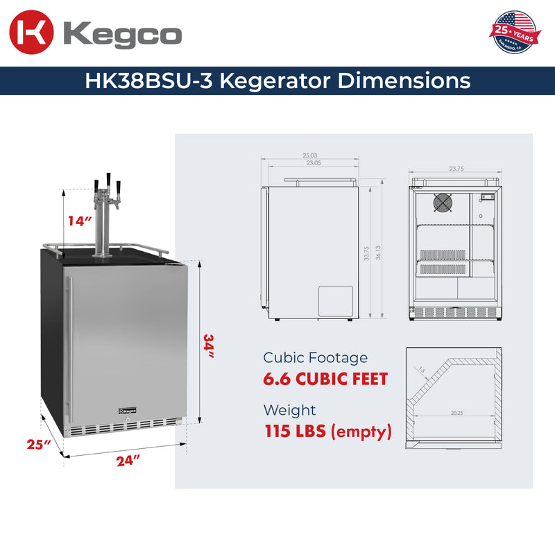 Kegco 24" Wide Triple Tap Stainless Steel Built-In Right Hinge Kegerator with Kit