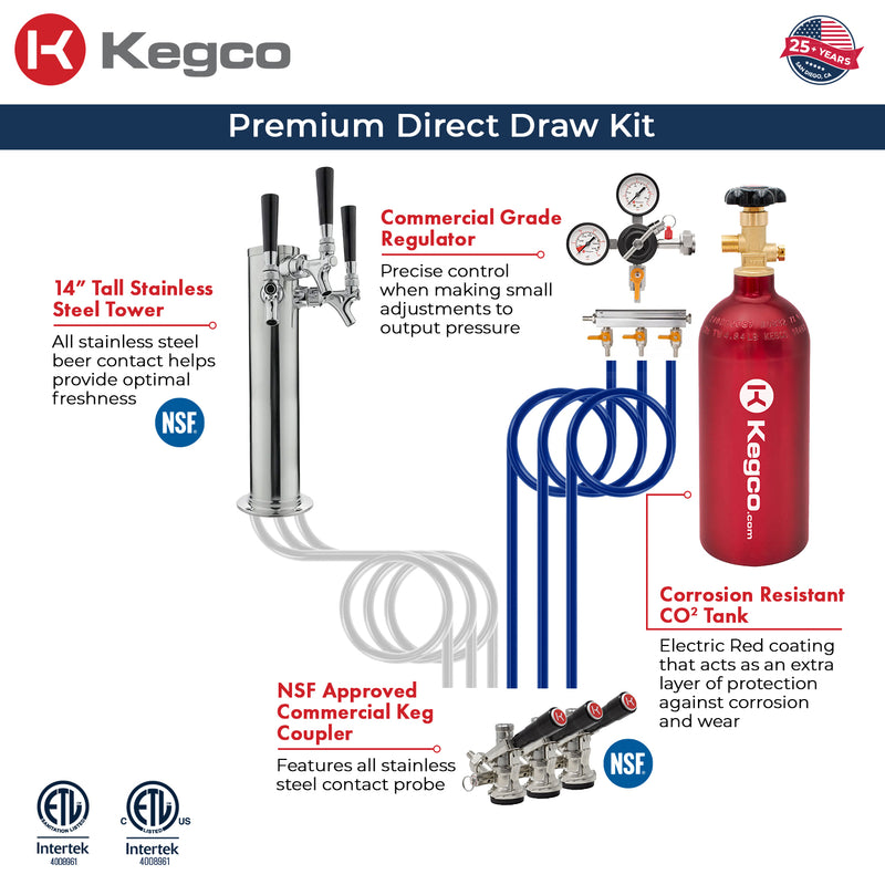 Kegco 24" Wide Triple Tap Stainless Steel Built-In Right Hinge Kegerator with Kit