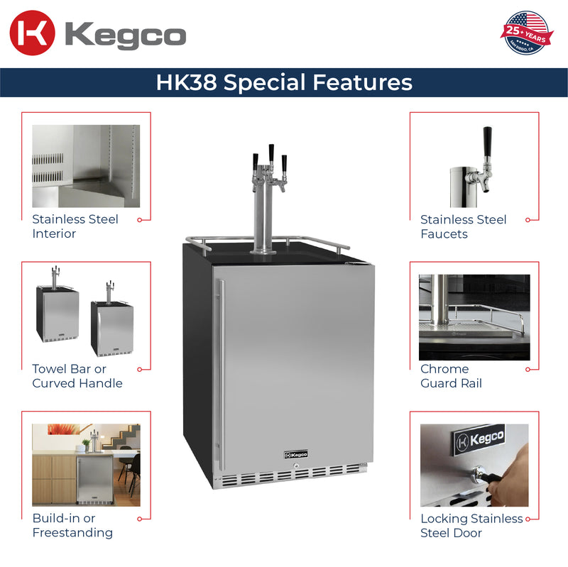 Kegco 24" Wide Triple Tap Stainless Steel Built-In Right Hinge Kegerator with Kit