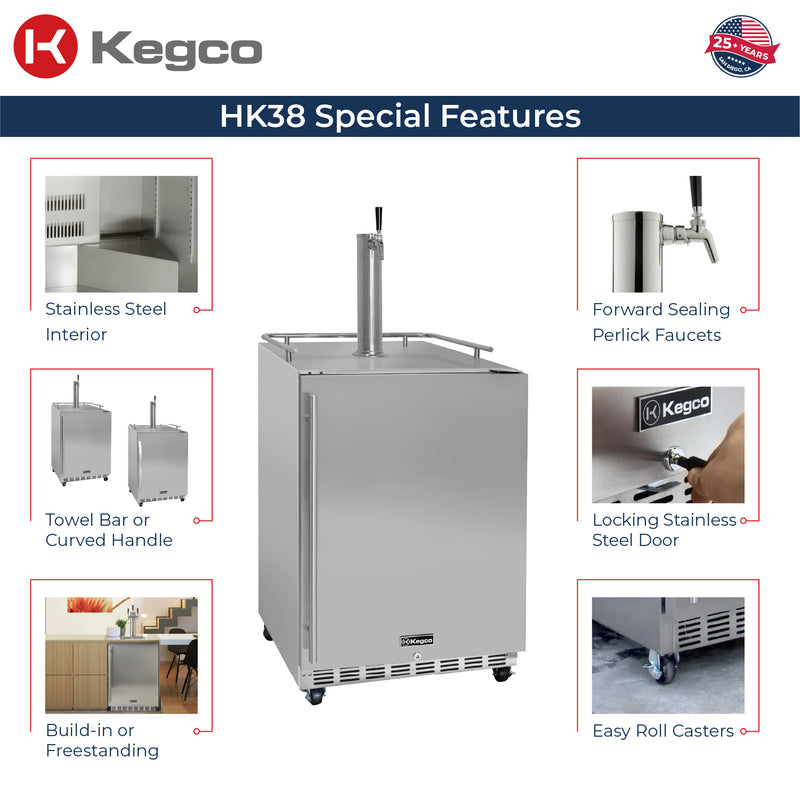 Kegco 24" Wide Outdoor Single Tap All Stainless Steel Commercial Right Hinge Kegerator with Kit