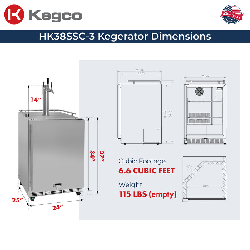 Kegco 24" Wide Outdoor Triple Tap All Stainless Steel Commercial Right Hinge Kegerator with Kit