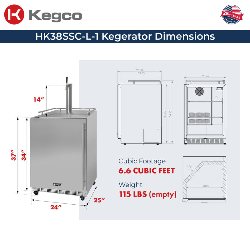 Kegco 24" Wide Outdoor Single Tap Commercial Left Hinge Kegerator with Kit