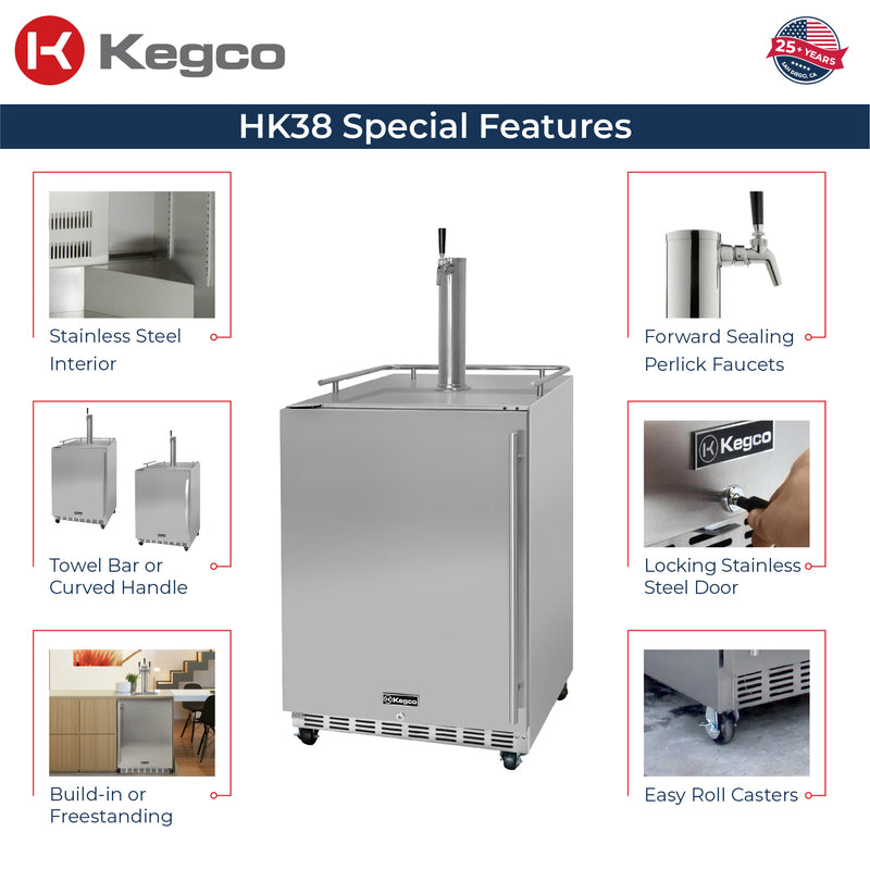 Kegco 24" Wide Outdoor Single Tap Commercial Left Hinge Kegerator with Kit