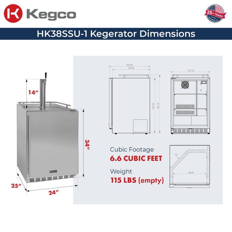 Kegco 24" Wide Outdoor Single Tap All Stainless Steel Built-In Right Hinge Kegerator with Kit