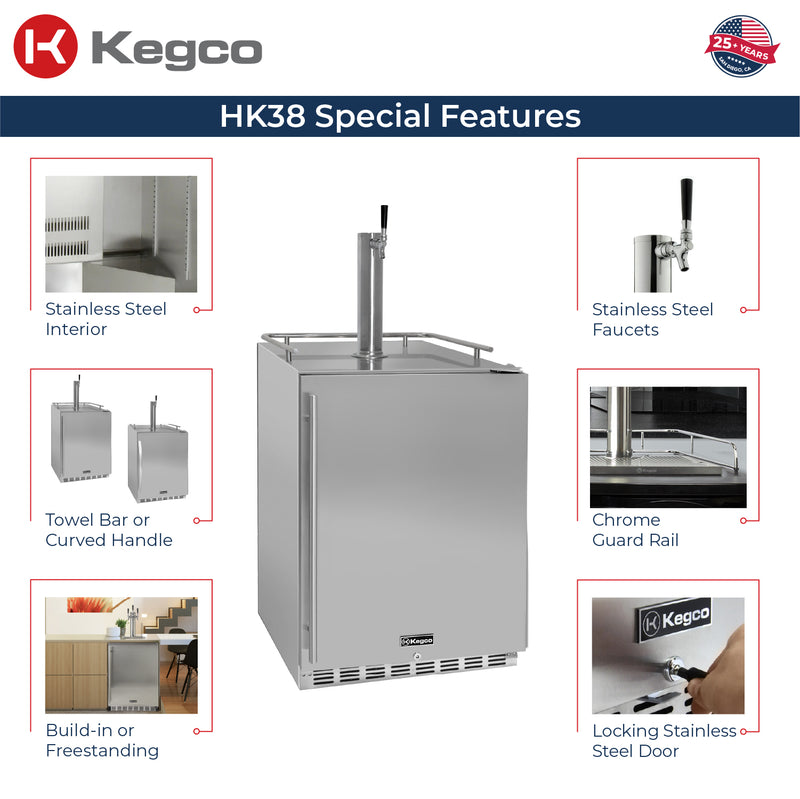 Kegco 24" Wide Outdoor Single Tap All Stainless Steel Built-In Right Hinge Kegerator with Kit