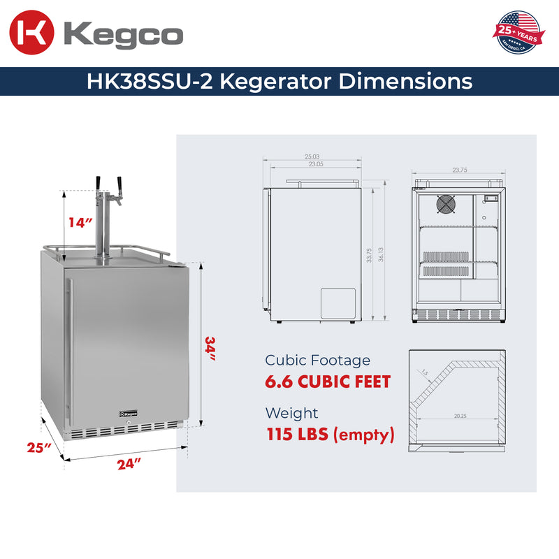 Kegco 24" Wide Outdoor Dual Tap All Stainless Steel Built-In Right Hinge Kegerator with Kit