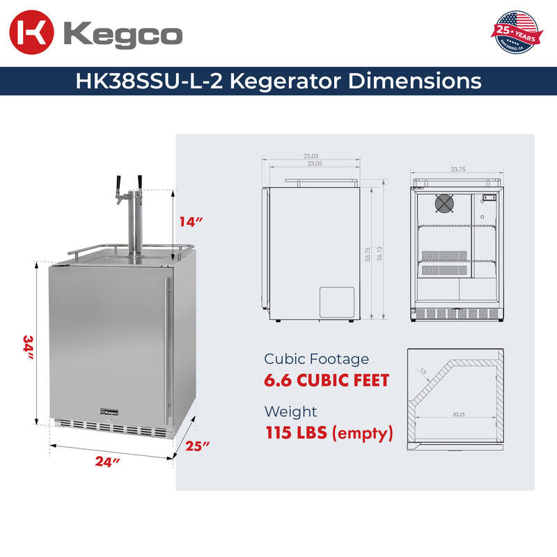 Kegco 24" Wide Outdoor Dual Tap All Stainless Steel Built-In Left Hinge Kegerator with Kit