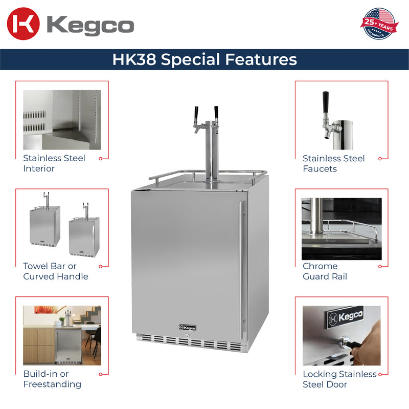 Kegco 24" Wide Outdoor Dual Tap All Stainless Steel Built-In Left Hinge Kegerator with Kit