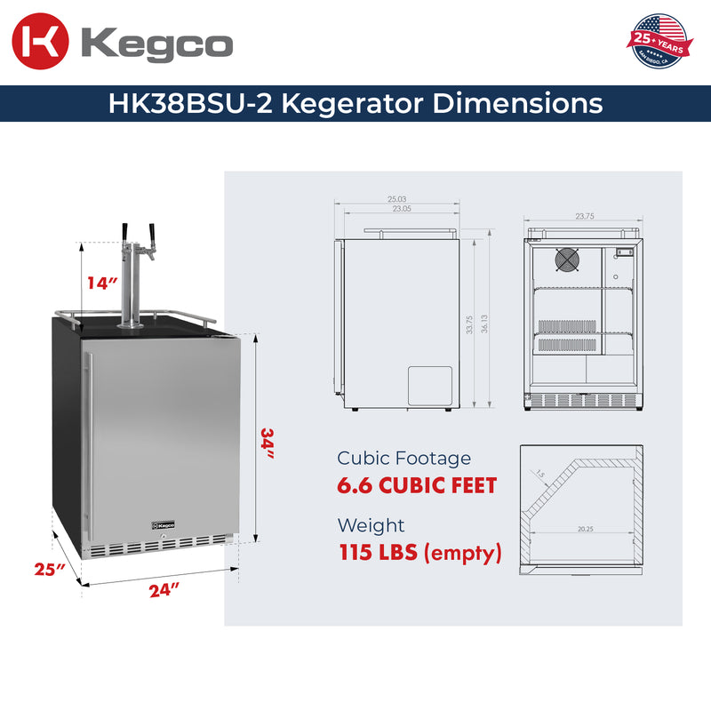 Kegco 24" Wide Cold Brew Coffee Dual Tap Black Commercial Built-In Right Hinge Kegerator