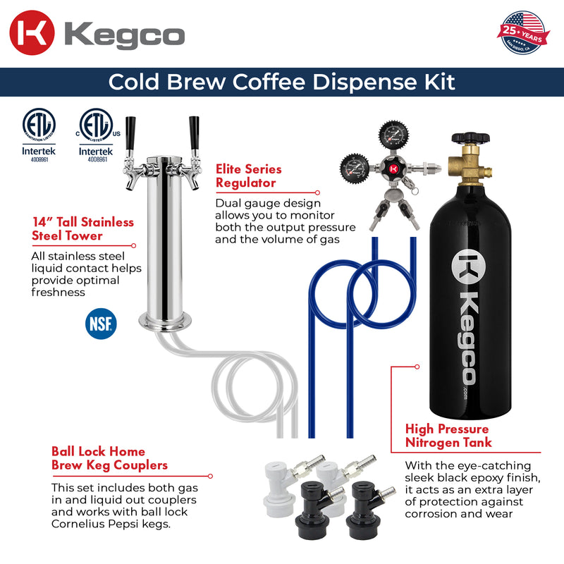 Kegco 24" Wide Cold Brew Coffee Dual Tap Black Commercial Built-In Right Hinge Kegerator
