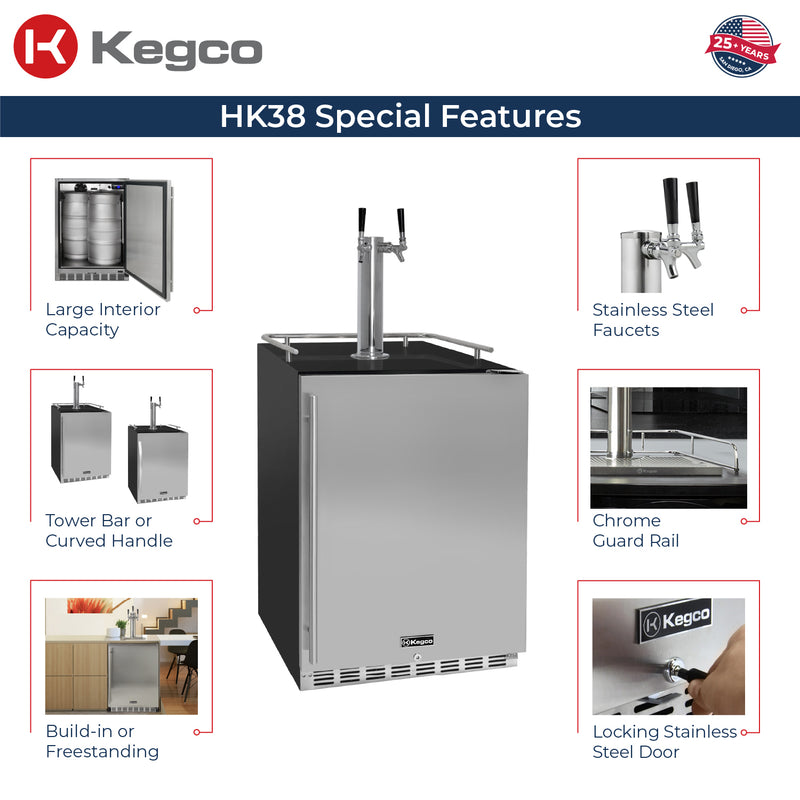 Kegco 24" Wide Cold Brew Coffee Dual Tap Black Commercial Built-In Right Hinge Kegerator