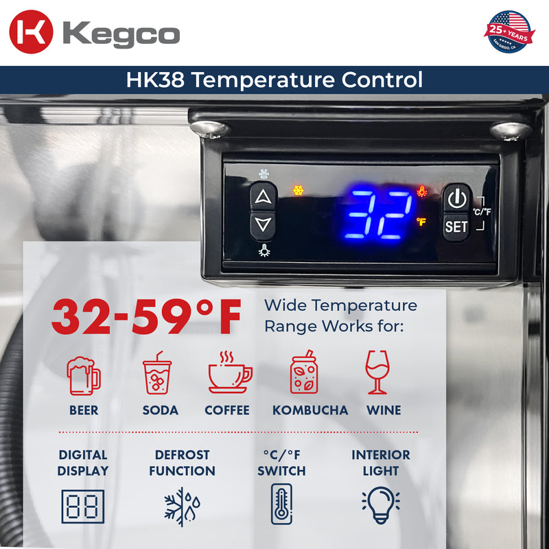 Kegco 24" Wide Cold Brew Coffee Dual Tap Black Commercial Built-In Right Hinge Kegerator