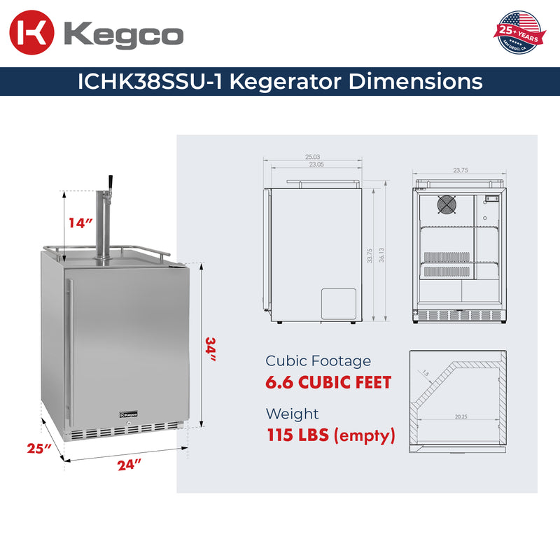 Kegco 24" Wide Outdoor Cold Brew Coffee Single Tap All Stainless Steel Built-In Right Hinge Kegerator