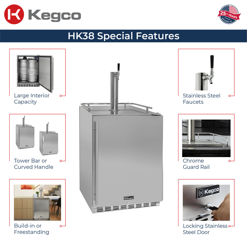 Kegco 24" Wide Outdoor Cold Brew Coffee Single Tap All Stainless Steel Built-In Right Hinge Kegerator