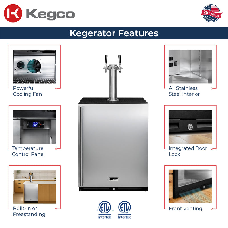 Kegco 24" Wide Dual Tap Stainless Steel Built-In Right Hinge Nitro Coffee Kegerator