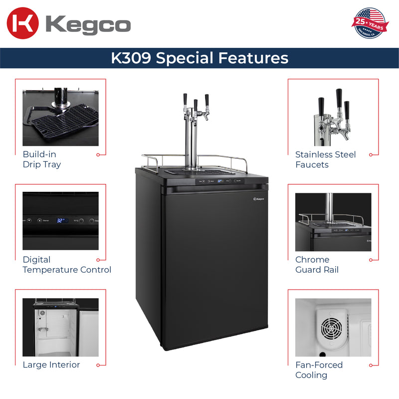 Kegco 24" Wide Triple Tap Black Digital Kegerator