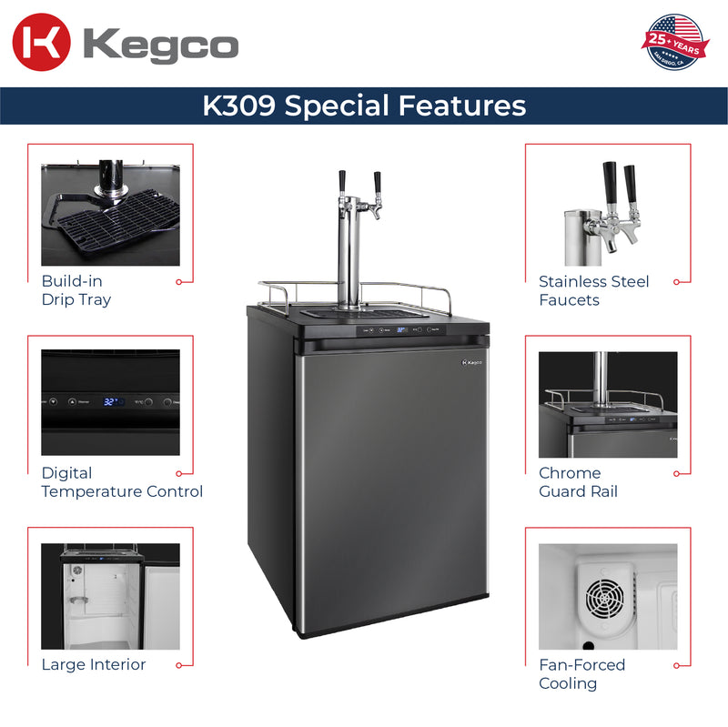 Kegco 24" Wide Dual Tap Black Stainless Steel Digital Kegerator