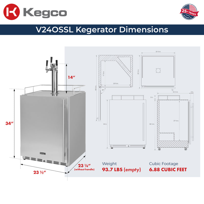 Kegco New 2026 Kegerator 24" Wide Ultimate Outdoor Triple Tap Stainless Steel Left Hinge with X-clusive Dispense Kit