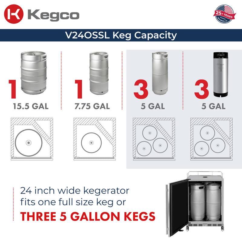 Kegco New 2026 Kegerator 24" Wide Ultimate Outdoor Triple Tap Stainless Steel Left Hinge with X-clusive Dispense Kit