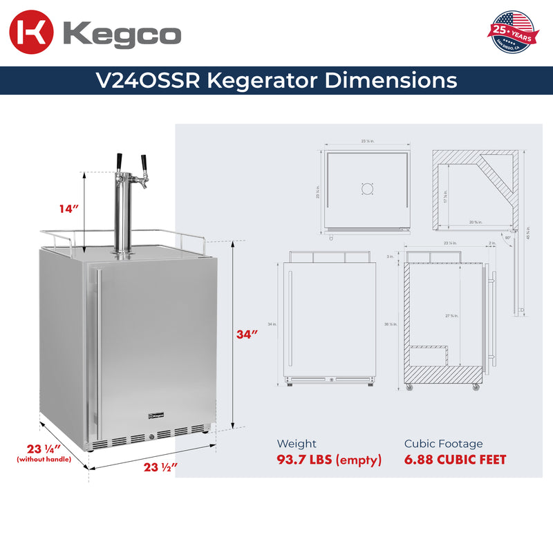 Kegco New 2026 Kegerator 24" Wide Commercial Outdoor Dual Tap Stainless Steel Right Hinge with X-clusive Dispense Kit