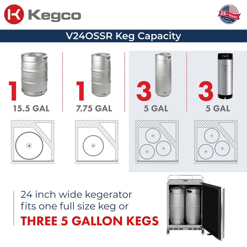 Kegco New 2026 Kegerator 24" Wide Commercial Outdoor Dual Tap Stainless Steel Right Hinge with X-clusive Dispense Kit