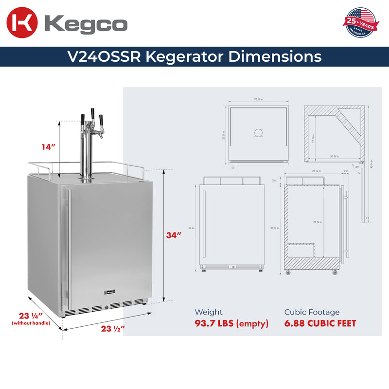 Kegco New 2026 Kegerator 24" Wide Commercial Outdoor Triple Tap Stainless Steel Right Hinge with X-clusive Dispense Kit