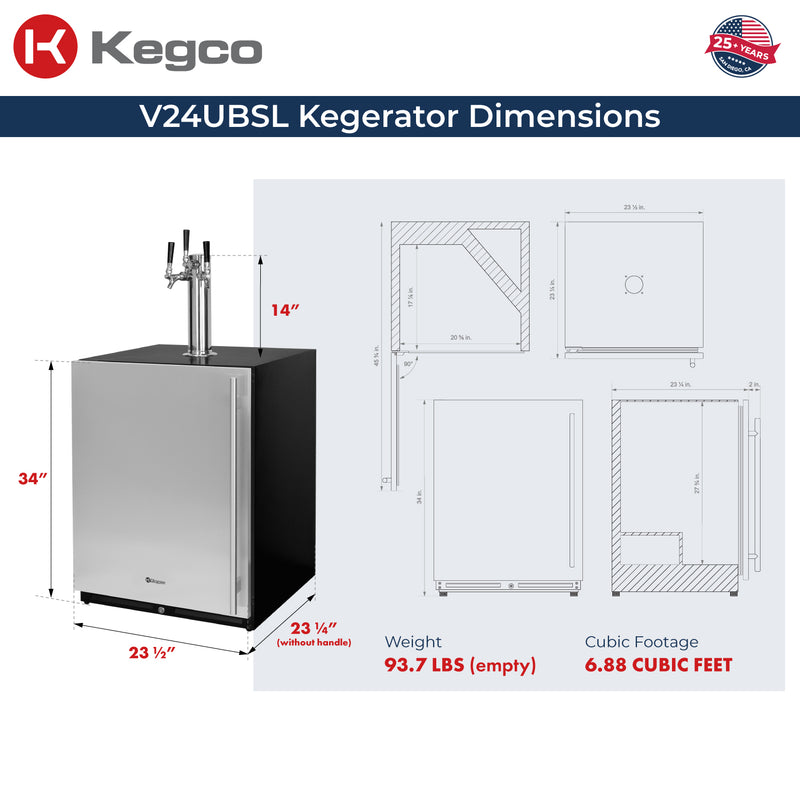 Kegco New 2026 Kegerator 24" Wide Ultimate Triple Tap Stainless Steel Built-In Left Hinge with X-clusive Dispense Kit