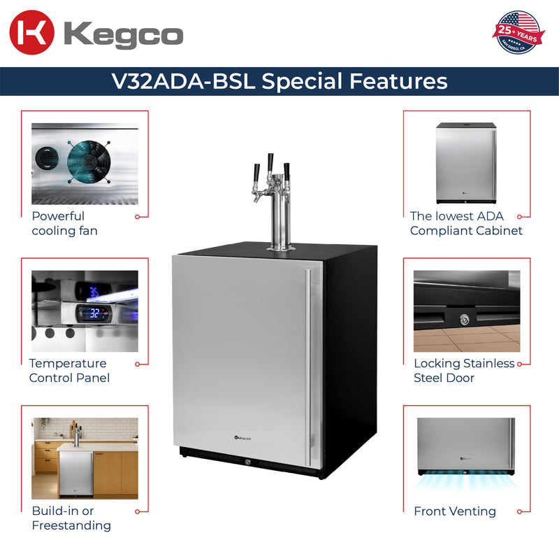 Kegco 24" Wide Triple Tap Stainless Steel Built-In Left Hinge ADA Kegerator