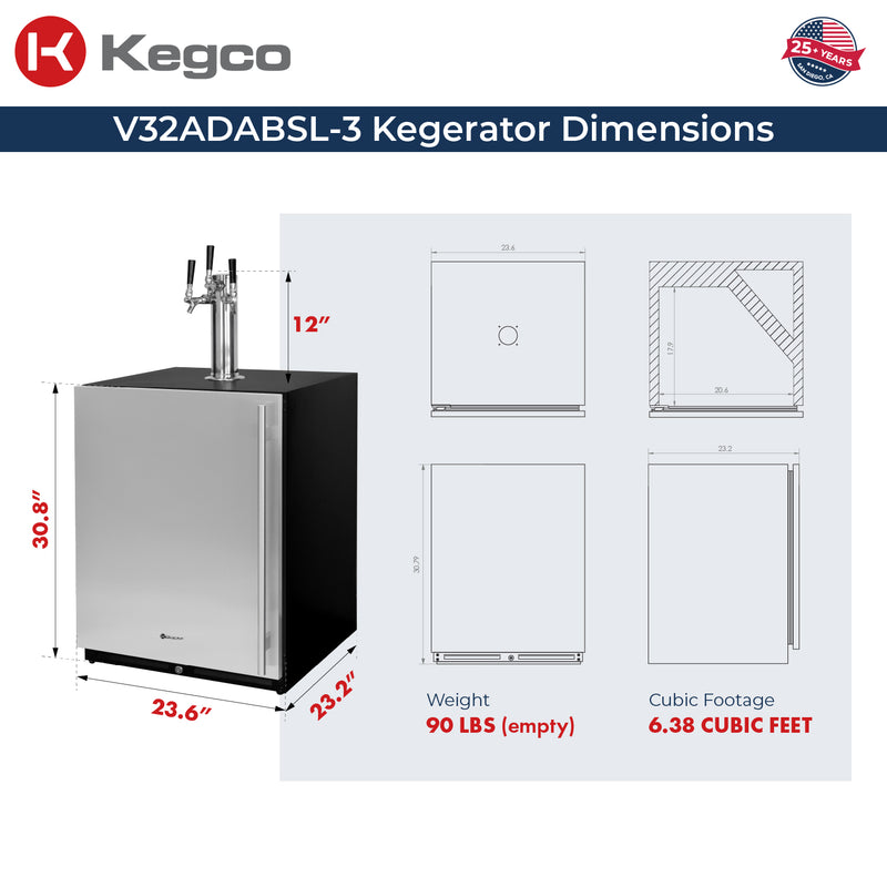 Kegco 24" Wide Triple Tap Stainless Steel Built-In Left Hinge ADA Kegerator