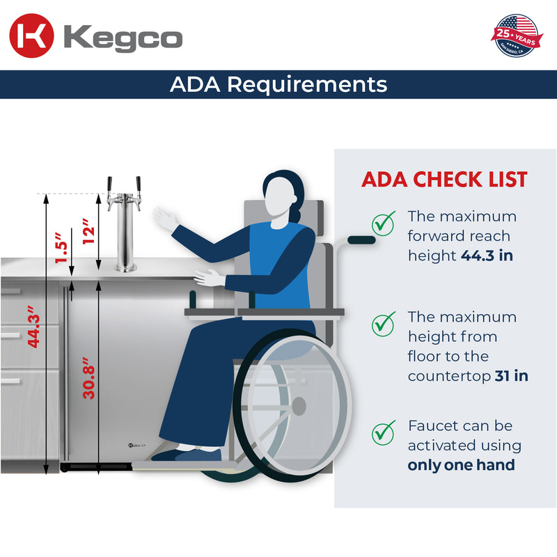 Kegco 24" Wide Dual Tap Stainless Steel Built-In Right Hinge ADA Kegerator