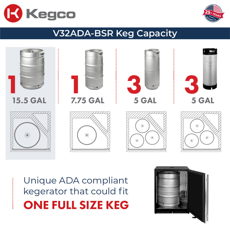 Kegco 24" Wide Dual Tap Stainless Steel Built-In Right Hinge ADA Kegerator