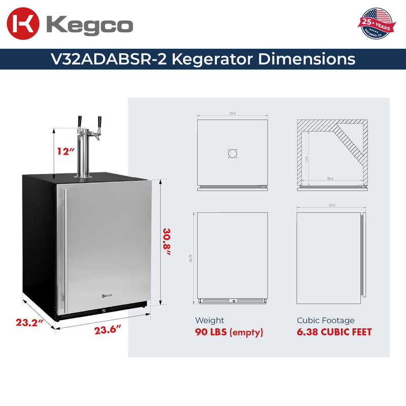 Kegco 24" Wide Dual Tap Stainless Steel Built-In Right Hinge ADA Kegerator