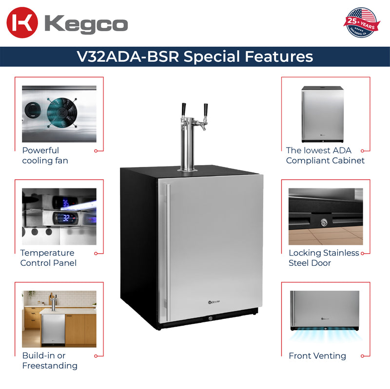 Kegco 24" Wide Dual Tap Stainless Steel Built-In Right Hinge ADA Kegerator