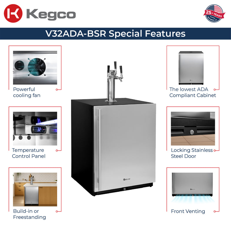 Kegco 24" Wide Triple Tap Stainless Steel Built-In Right Hinge ADA Kegerator