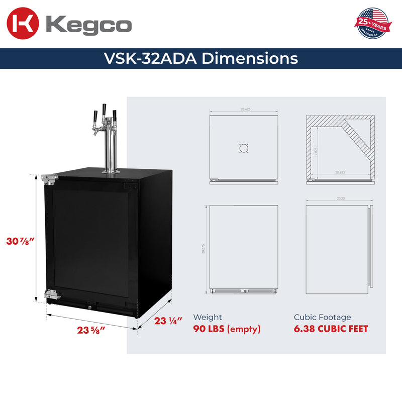 Kegco 24" Wide Triple Tap Panel Ready Overlay Built-In Left Hinge ADA Kegerator