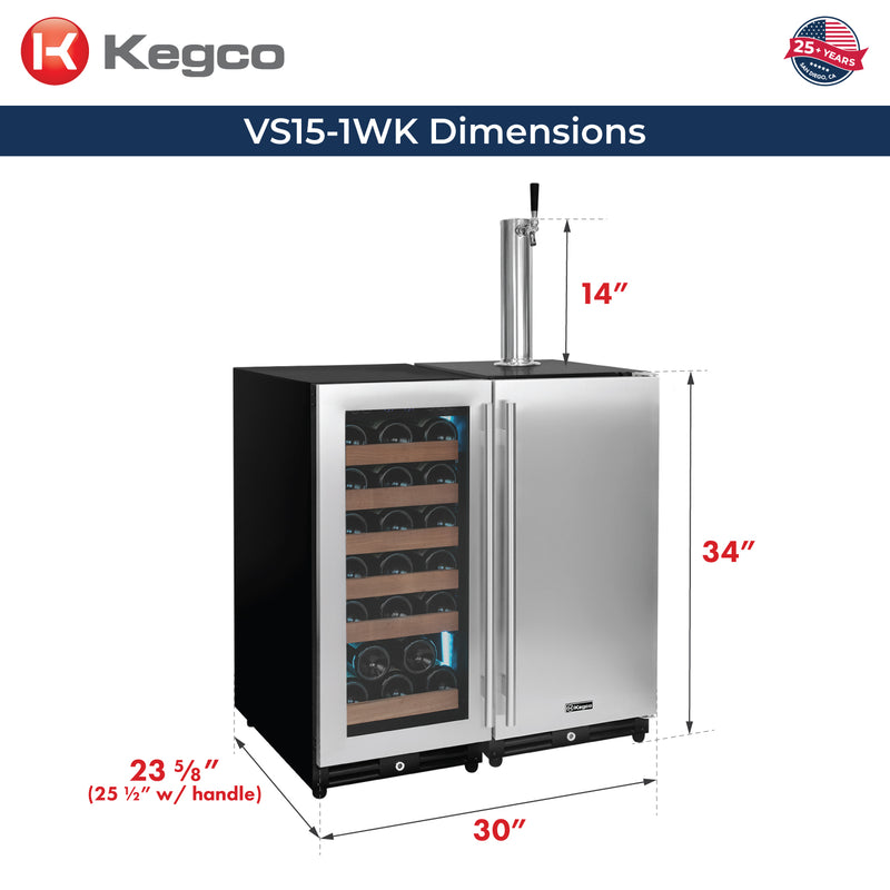 Kegco 30" Side-by-Side Single Zone Wine Refrigerator and Single Tap Kegerator