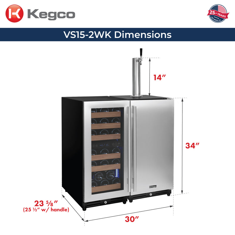 Kegco 30" Wide Side-by-Side Dual Zone Wine Refrigerator and Single Tap Kegerator