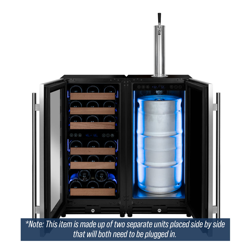 Kegco 30" Wide Side-by-Side Dual Zone Wine Refrigerator and Single Tap Kegerator