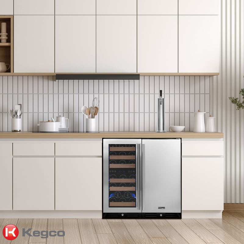 Kegco 30" Wide Side-by-Side Dual Zone Wine Refrigerator and Single Tap Kegerator