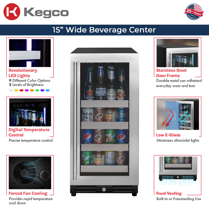 Kegco 15" Wide Reserva Series Stainless Steel Right Hinge Beverage Center