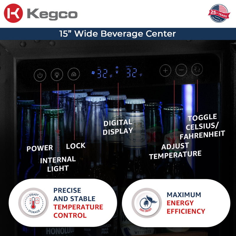Kegco 15" Wide Reserva Series Stainless Steel Right Hinge Beverage Center