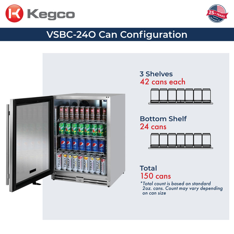 Kegco 24" Wide Outdoor Built-In Left Hinge Beverage Center with Stainless Steel Frame Glass Door