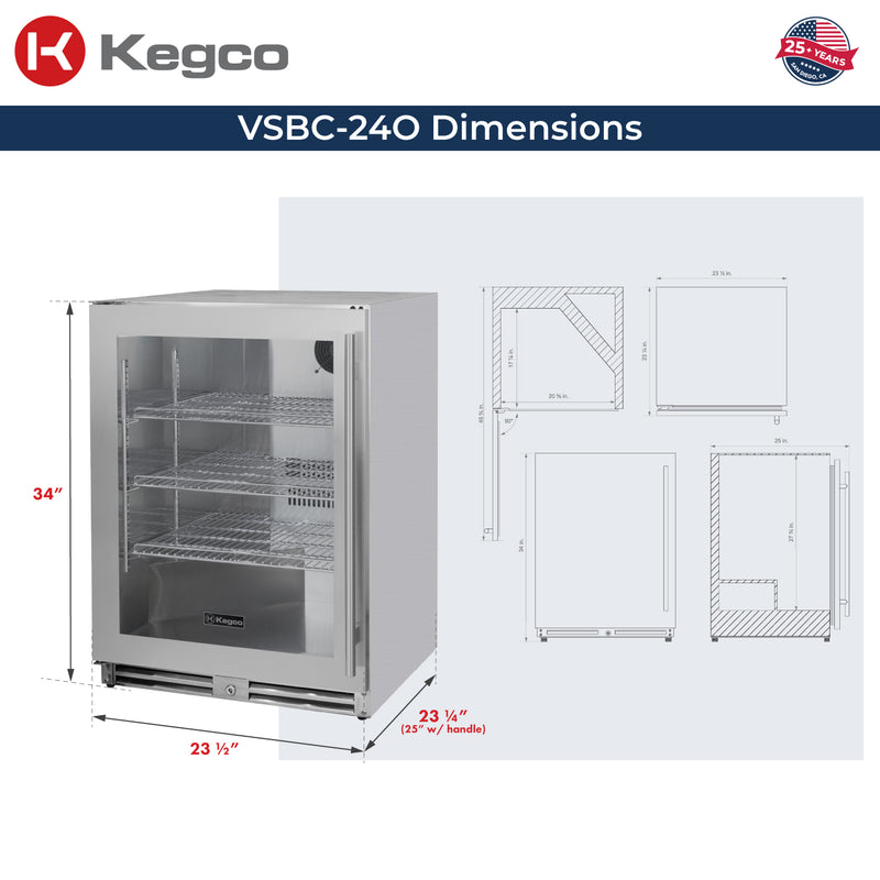 Kegco 24" Wide Outdoor Built-In Left Hinge Beverage Center with Stainless Steel Frame Glass Door