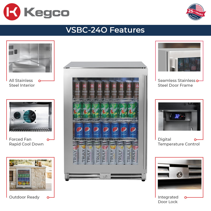 Kegco 24" Wide Outdoor Built-In Left Hinge Beverage Center with Stainless Steel Frame Glass Door